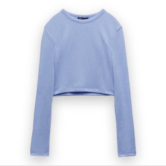 NWT ZARA TEXTURED CROP TOP BLUE Long Sleeves Round Neck Size L - Picture 3 of 6